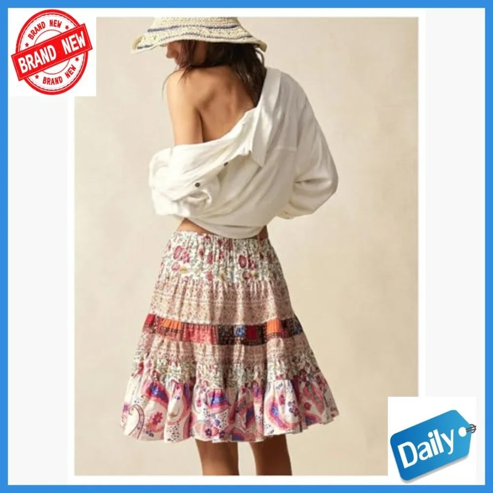 Boho Paisley A-Line Skirt Tie Front Flowy Summer Casual Knee-Length